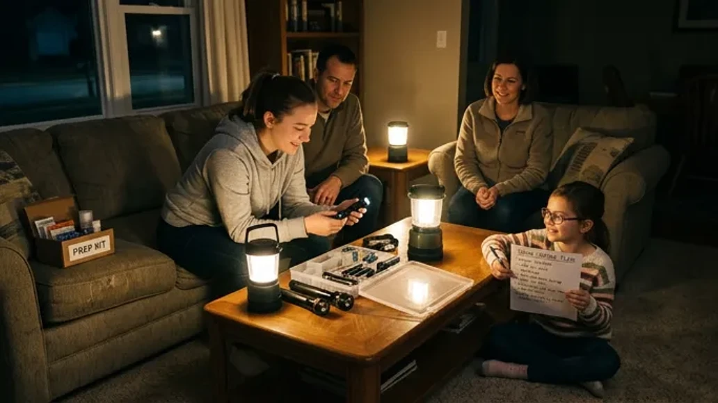 Family practicing a calm power outage drill at home