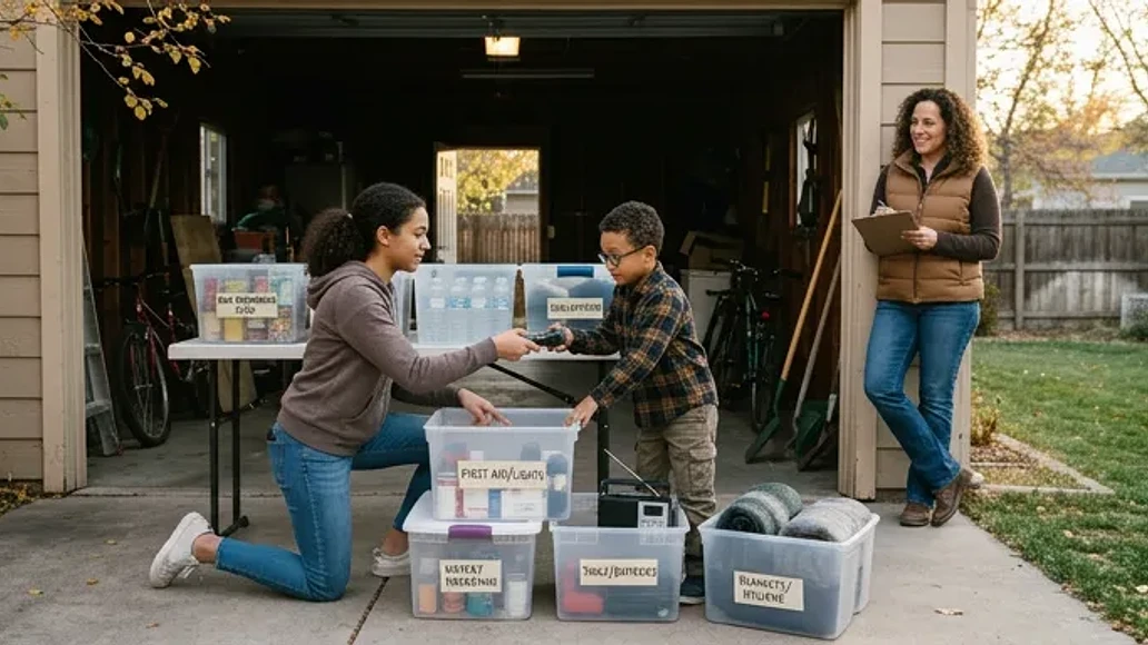 Teen mentoring a younger sibling during emergency supply organization