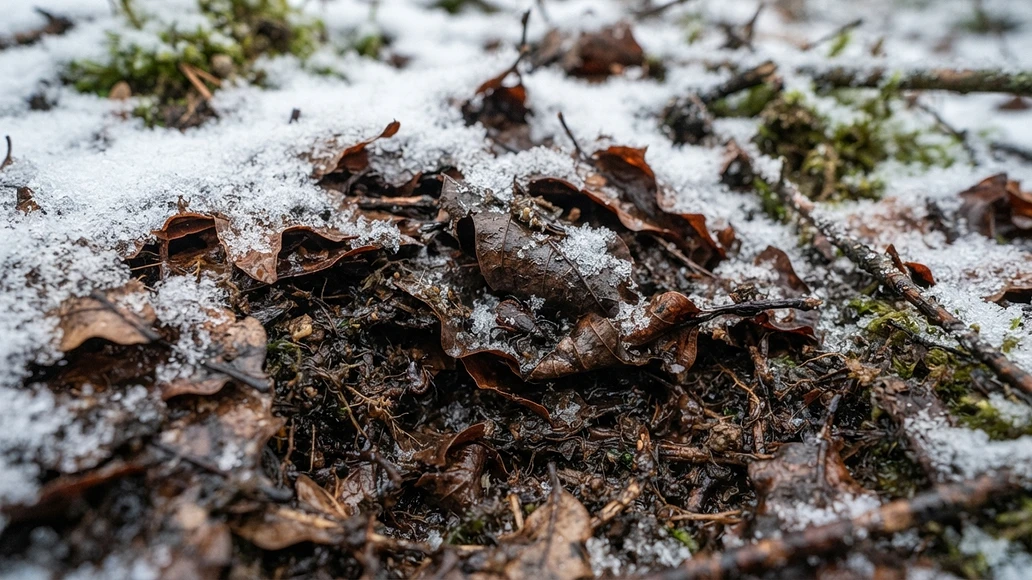 Leaf litter under snow in a winter forest floor that can shelter ticks