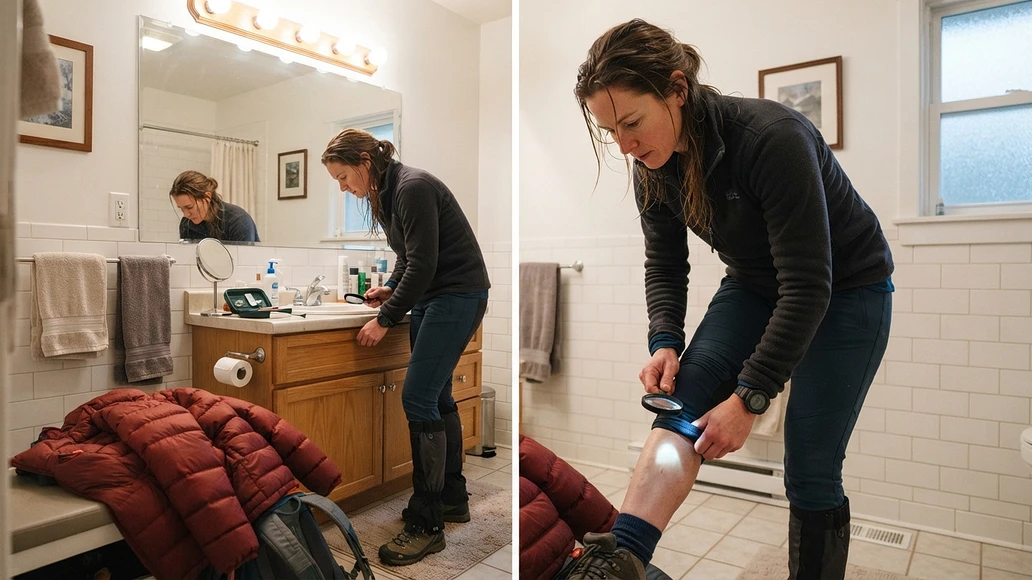 A person checking for ticks after winter outdoor activity