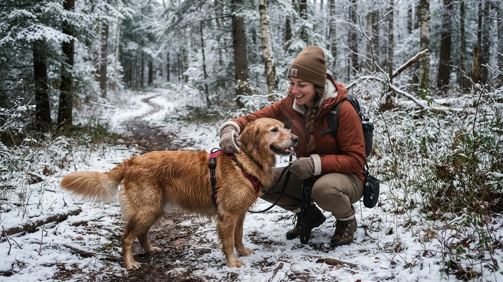 A dog owner checking a pet for ticks after a winter walk