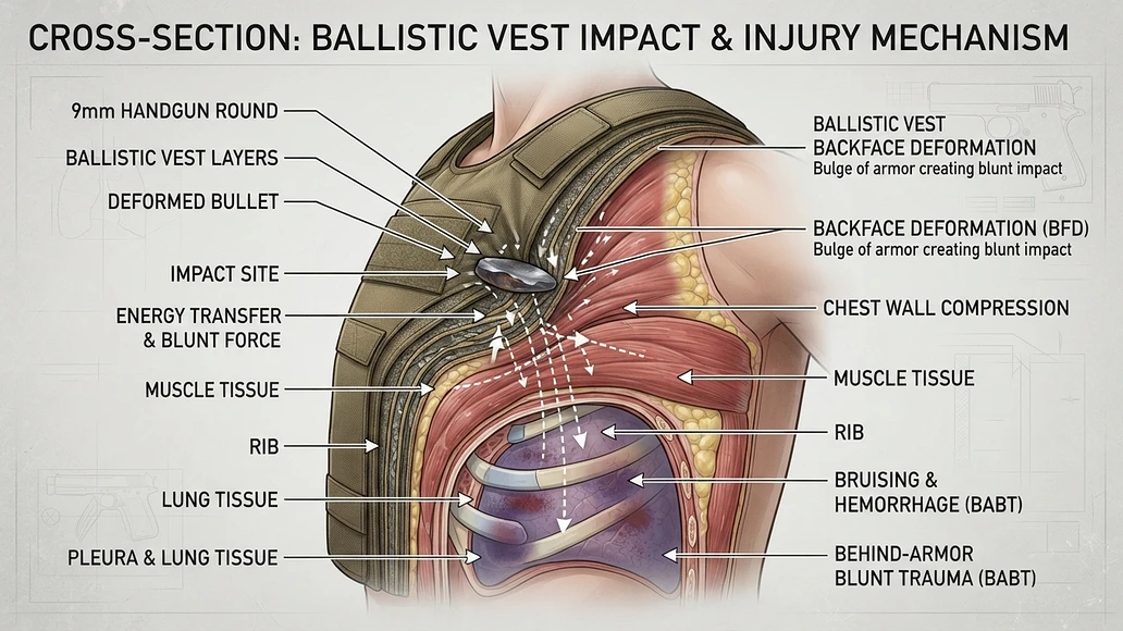 Illustration showing how a ballistic vest stops a bullet while transferring force into the chest