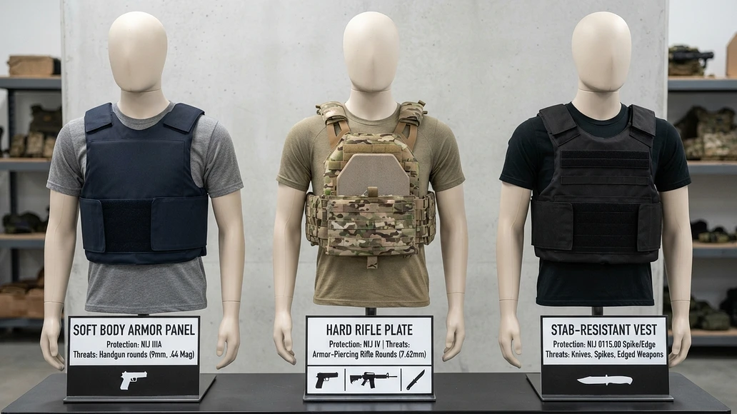 Comparison of soft armor, hard plates, and stab-resistant armor