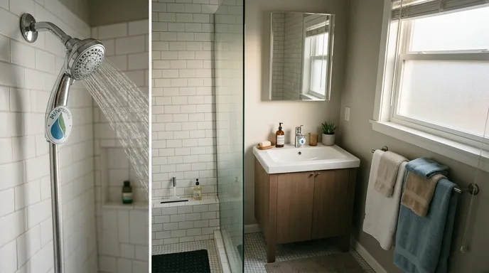 Suburban bathroom with low-flow showerhead and faucet aerator for water savings