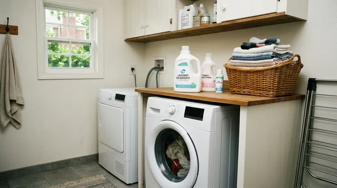 High-efficiency washing machine in a home laundry room