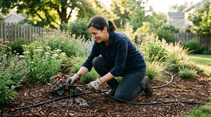 Drip irrigation watering native plants in a mulched suburban garden bed