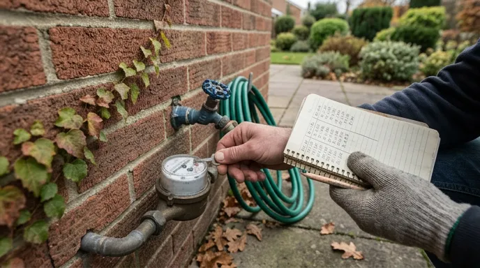 Homeowner checking outdoor water meter and hose shutoff valve