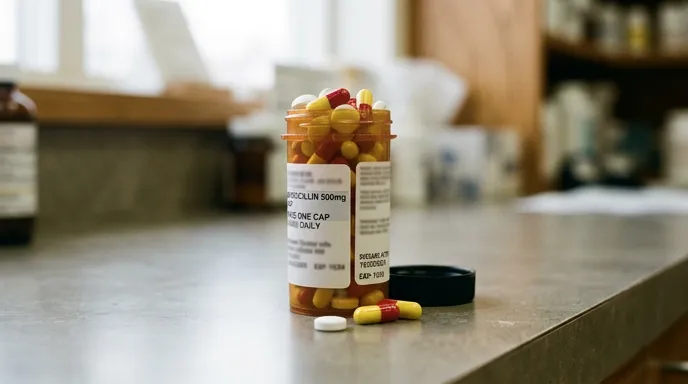 Amoxicillin capsules and tablets beside a prescription bottle with discard date label