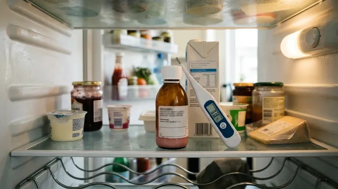 Refrigerated liquid amoxicillin suspension bottle on a kitchen shelf