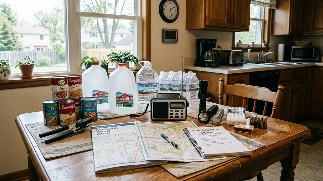 Manual household items and paper supplies laid out for outage preparedness