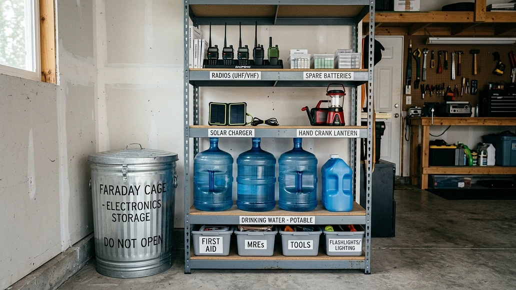 Preparedness supplies including a simple Faraday container and backup essentials