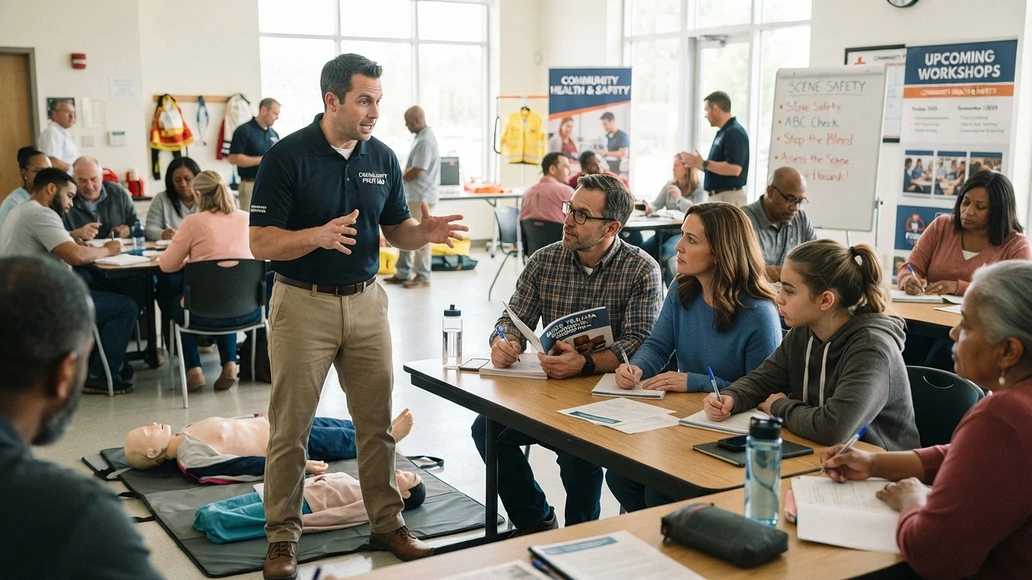 Adults learning practical emergency response skills in a community class