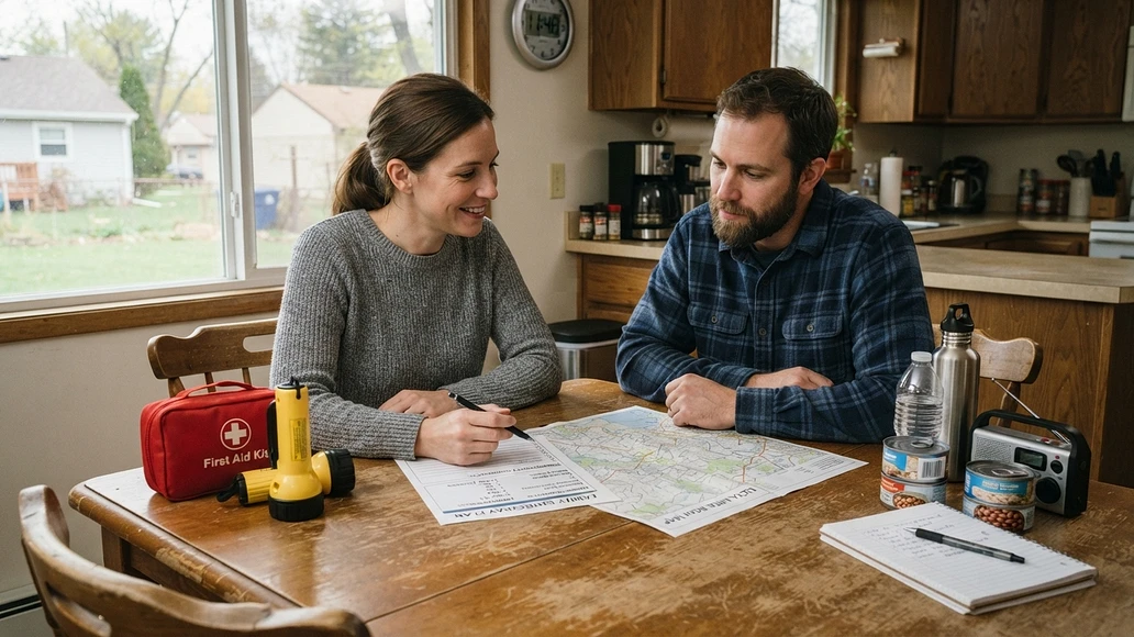 Household reviewing an emergency plan with first aid and communication supplies