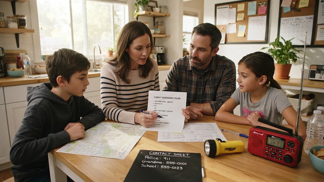 Family reviewing an emergency plan at the kitchen table