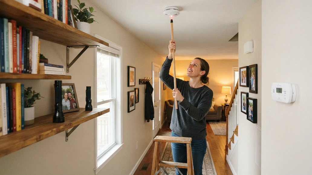 Person testing a smoke alarm in a safe, organized home
