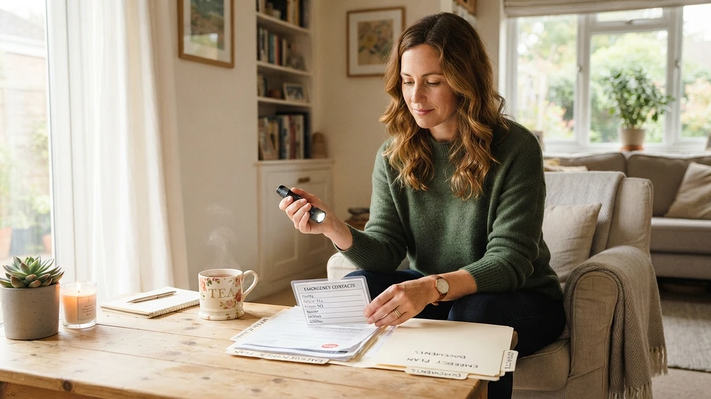 Person calmly organizing preparedness supplies at home