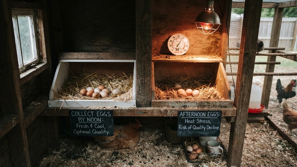Chicken coop nest boxes showing how temperature and conditions affect egg safety