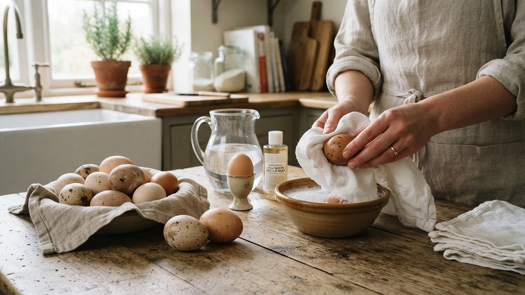 Farm fresh eggs showing the difference between unwashed eggs and eggs that need cleaning