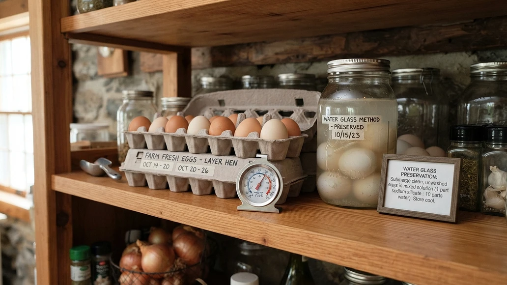 Preparedness-oriented egg storage setup with dated cartons and safe storage tools