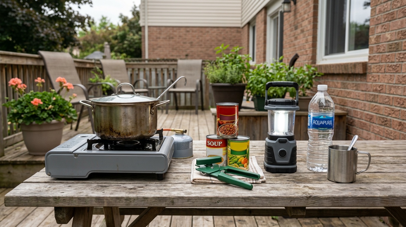 Outdoor table with small stove, pot, can opener, and emergency supplies for cooking without power