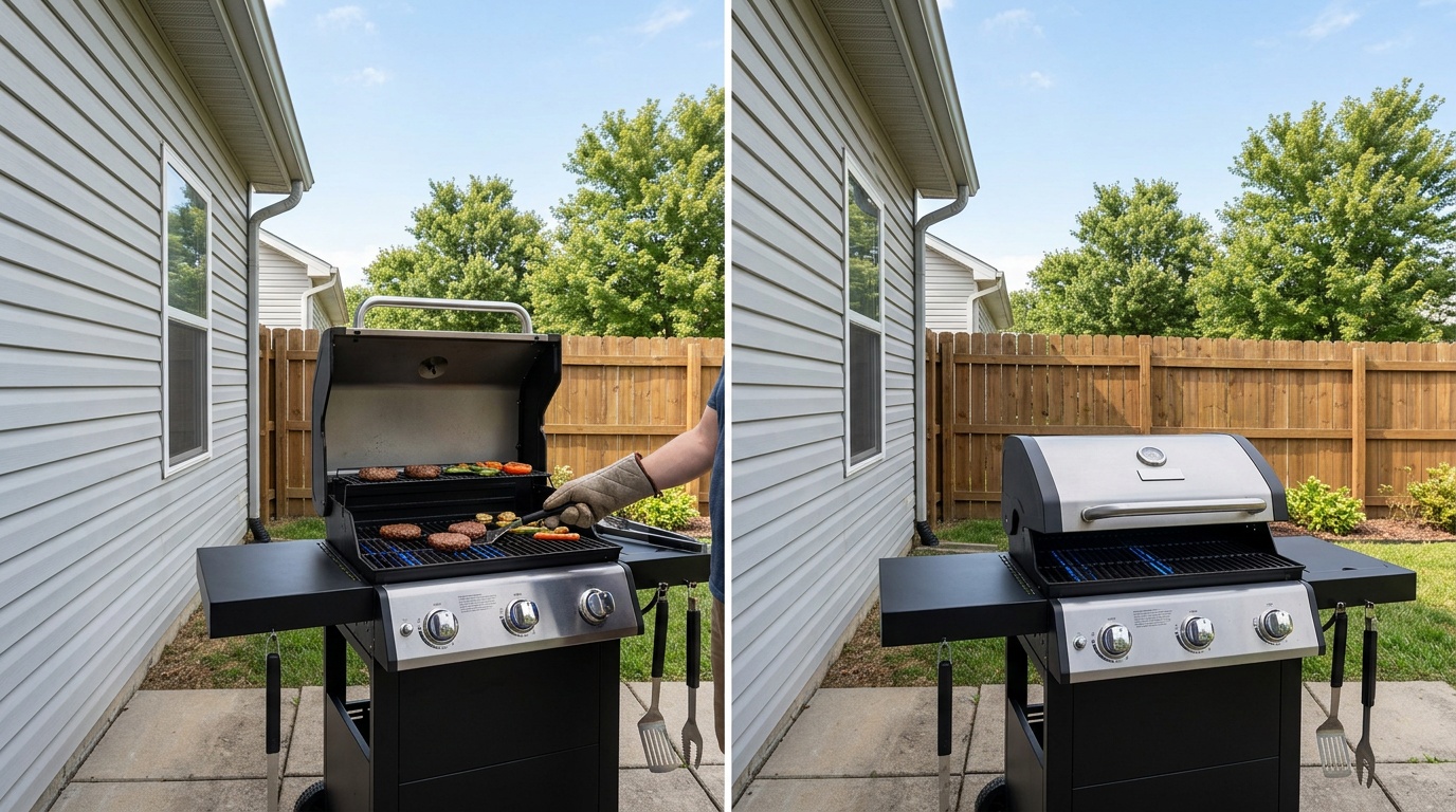 Gas grill positioned safely away from a house exterior for outdoor cooking during an outage