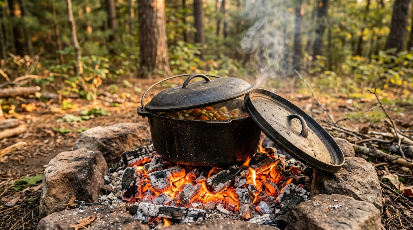 Dutch oven on campfire coals for off-grid baking or stew