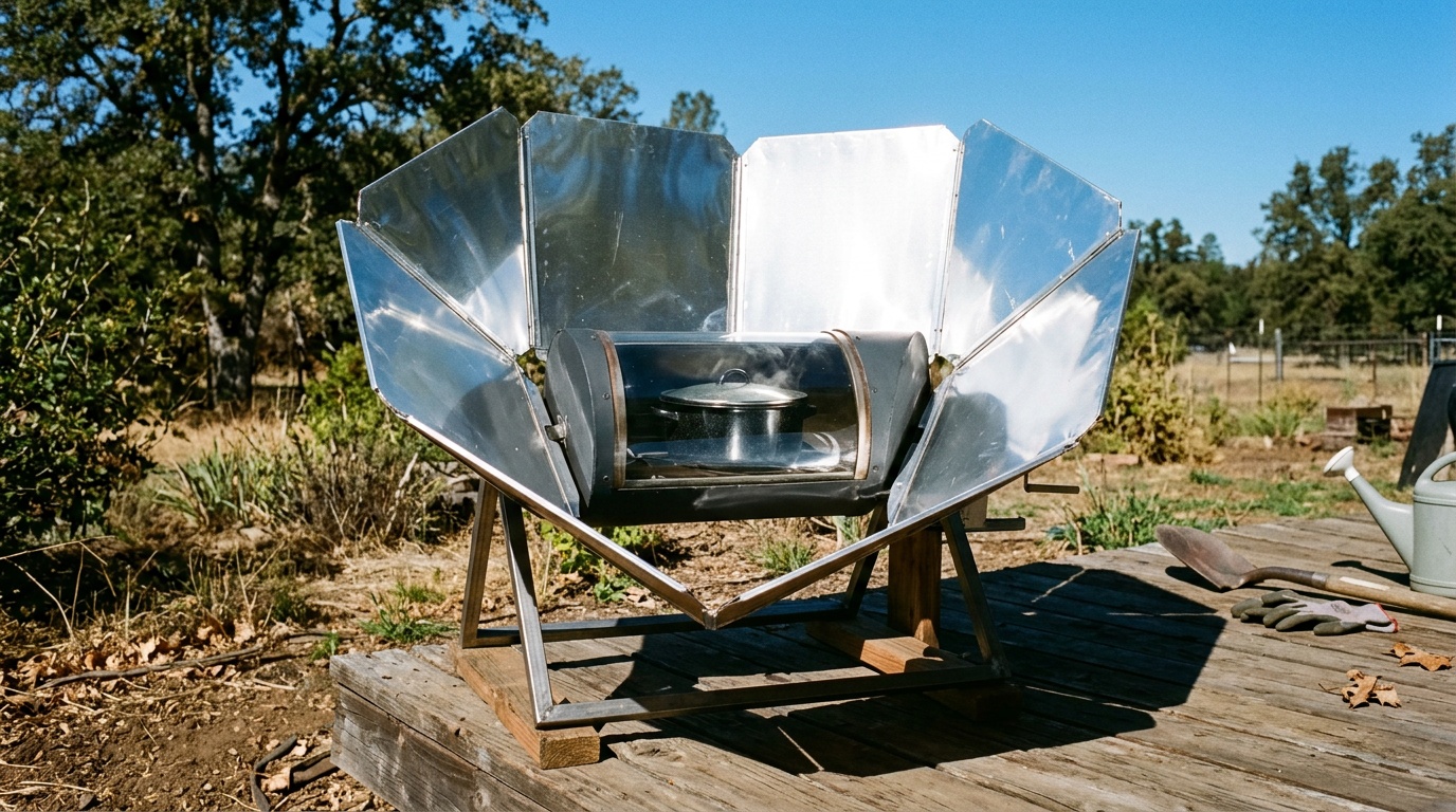 Solar oven set up in direct sunlight for fuel-free cooking
