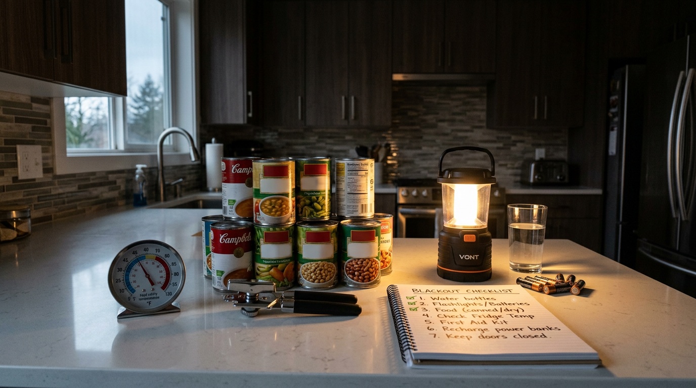 Thermometer, canned food, and can opener on a counter for outage meal planning