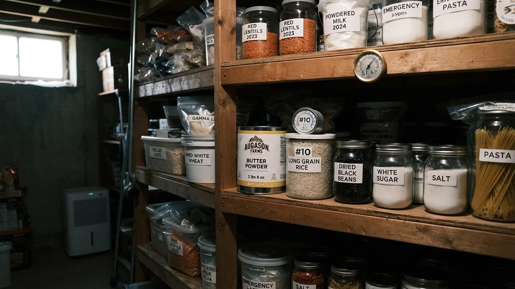Butter powder stored in a cool, dry pantry with other emergency foods