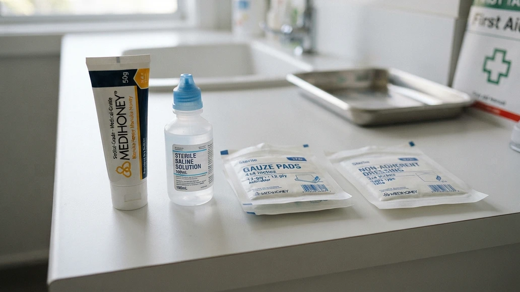 Medical-grade Manuka honey with wound care supplies on a clean surface