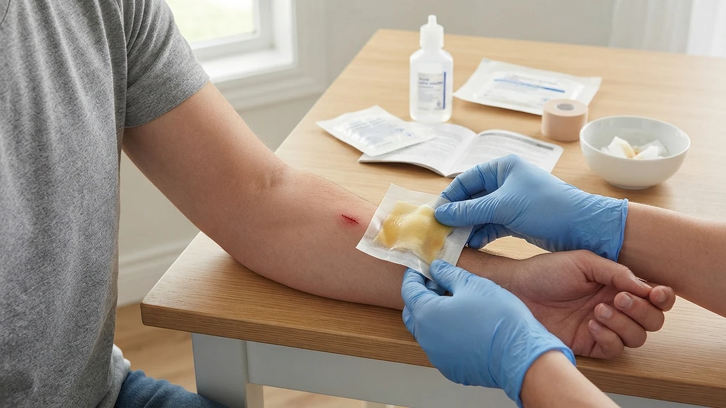 Applying a sterile medical honey dressing to a small cleaned scrape