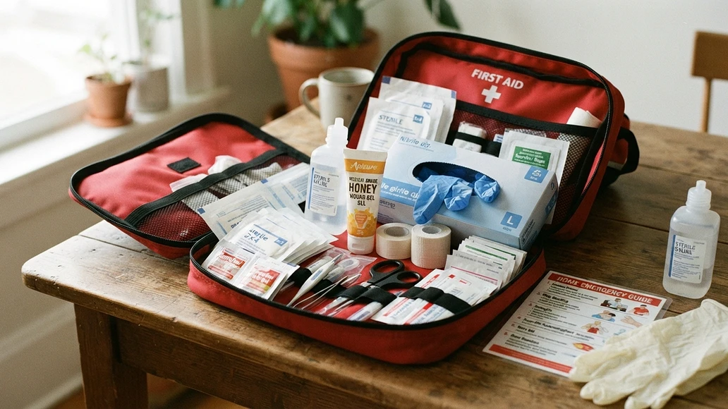 Home first aid kit stocked with sterile dressings and medical-grade honey