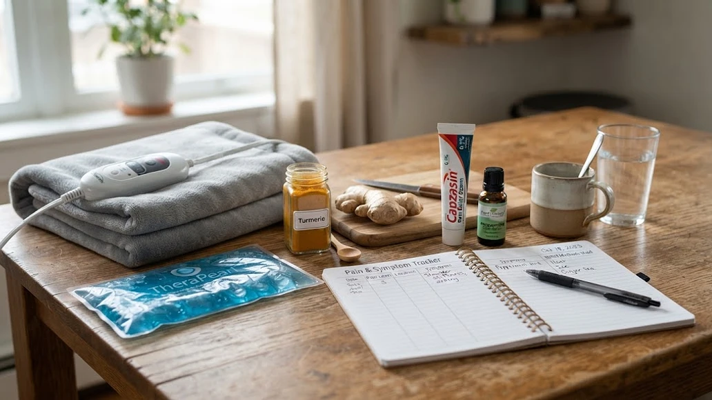 Home pain relief supplies including heat, cold, ginger, turmeric, and topical remedies