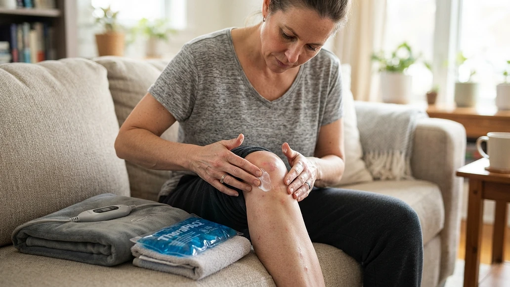Applying topical pain relief to a sore knee with heat and cold tools nearby