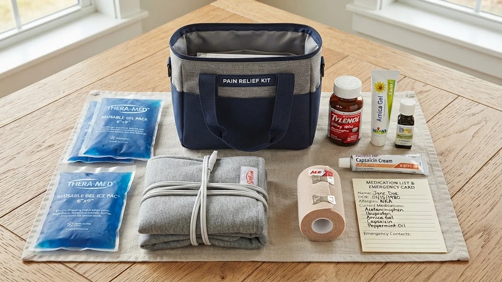 A simple home preparedness pain relief kit with non-drug tools and topical options
