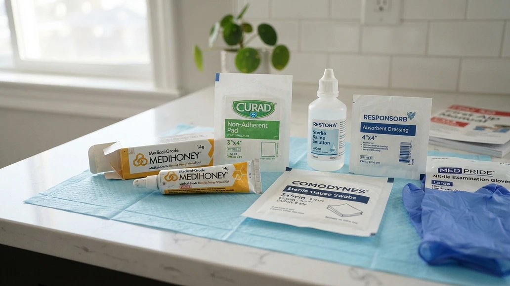 Medical-grade Manuka honey wound care supplies laid out on a clean surface