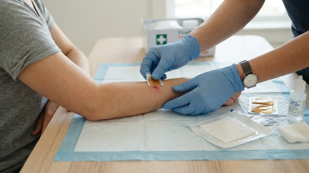 Gloved hands applying a sterile honey dressing to a minor scrape