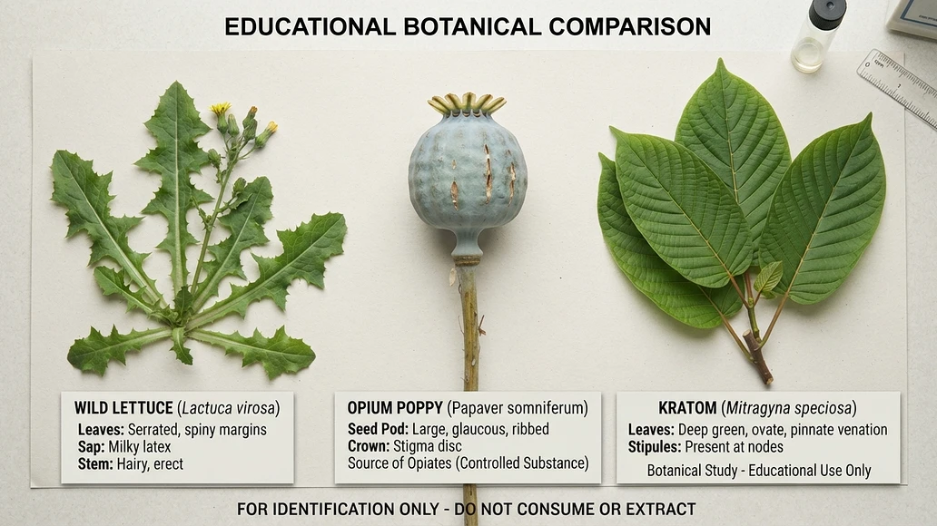 Comparison of wild lettuce, opium poppy, and kratom for educational identification