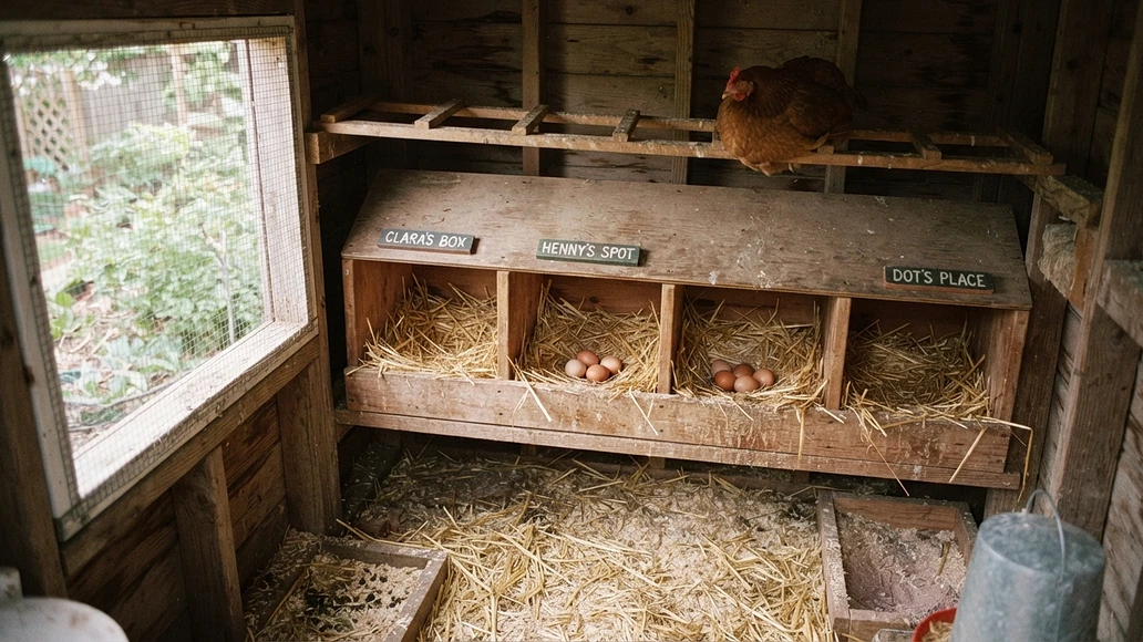 Clean nest boxes with freshly laid eggs in a backyard coop