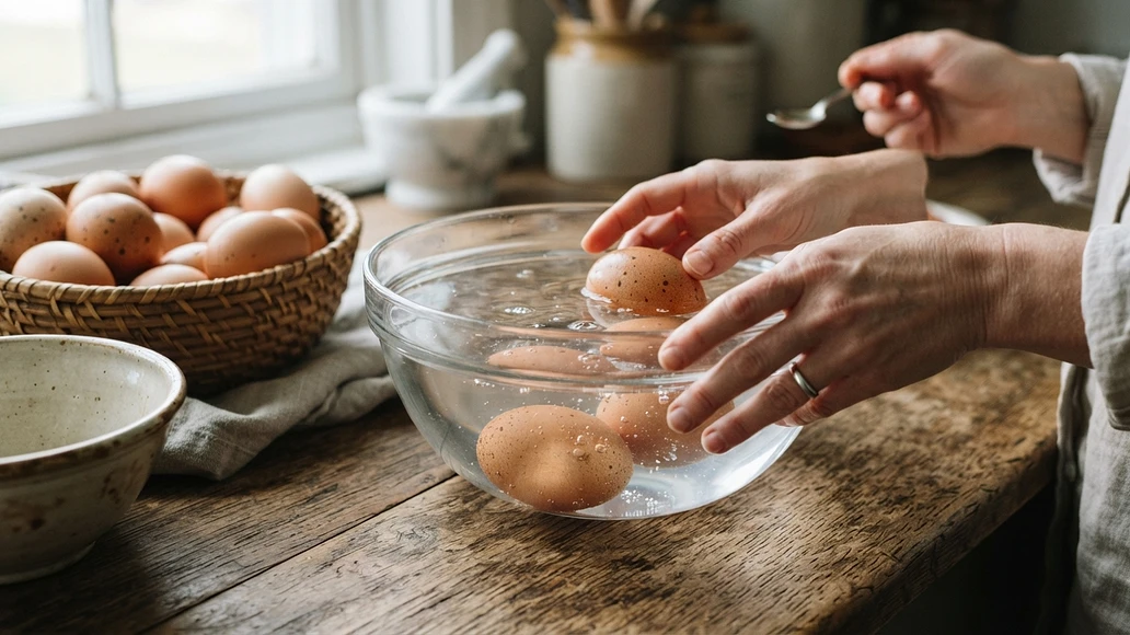 Testing farm fresh eggs in water to check freshness