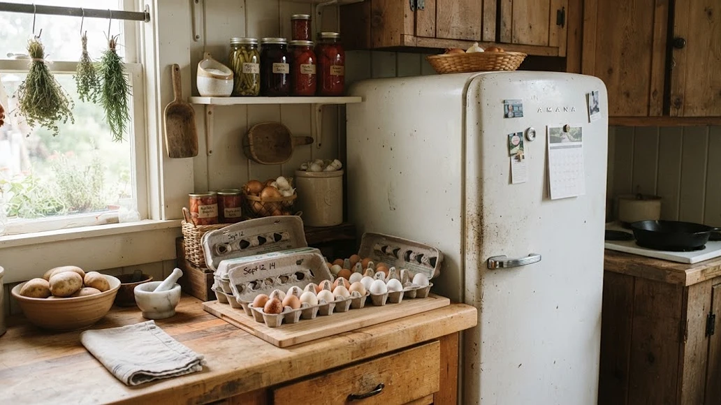 Farm fresh eggs labeled for storage in a home kitchen