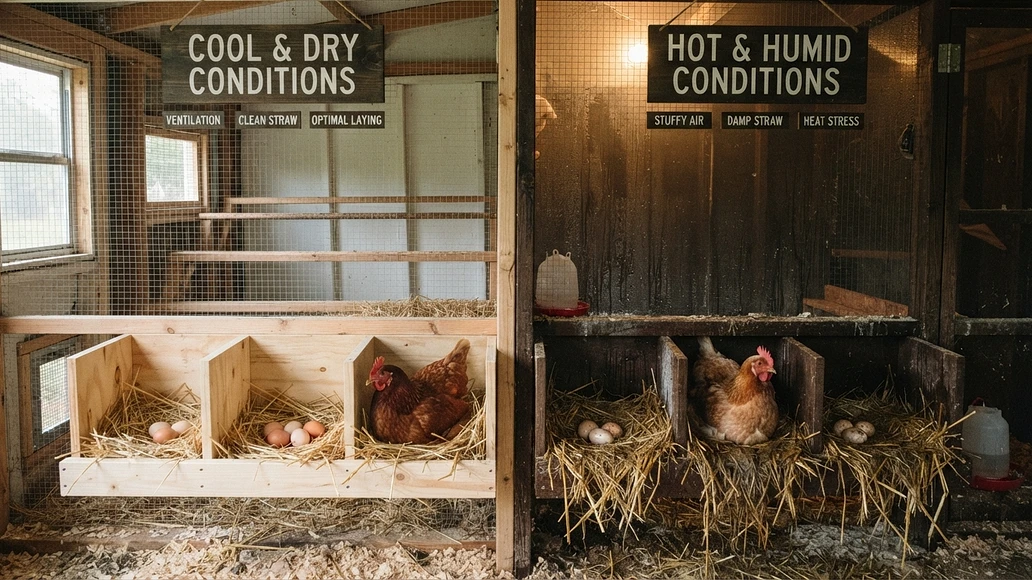 Comparison of clean cool nest boxes and warmer humid coop conditions