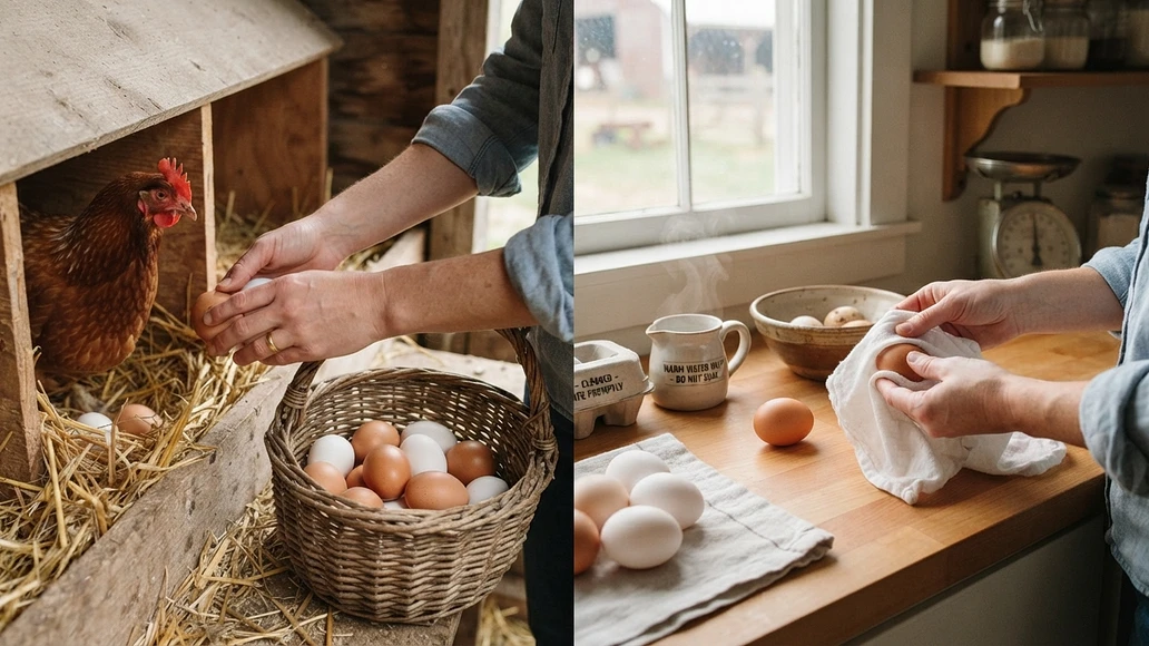 Collecting backyard eggs and handling them carefully before storage