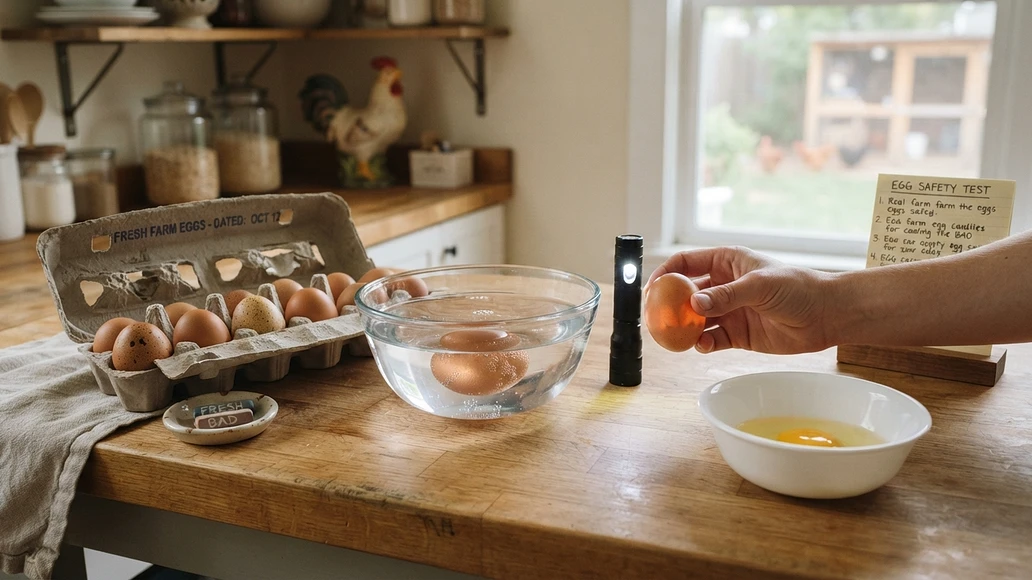 Backyard egg freshness checks including float test and crack-into-bowl method