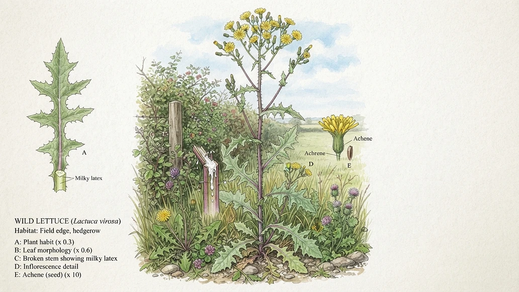 Wild lettuce plant with yellow flowers and milky sap in a field guide style view