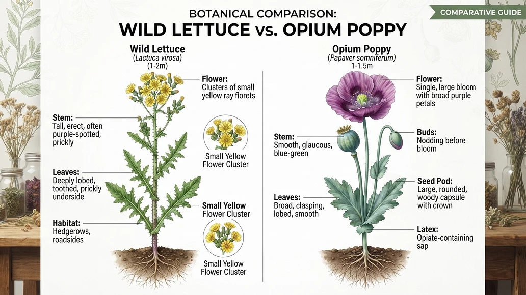 Comparison image showing wild lettuce and opium poppy with labeled visual differences