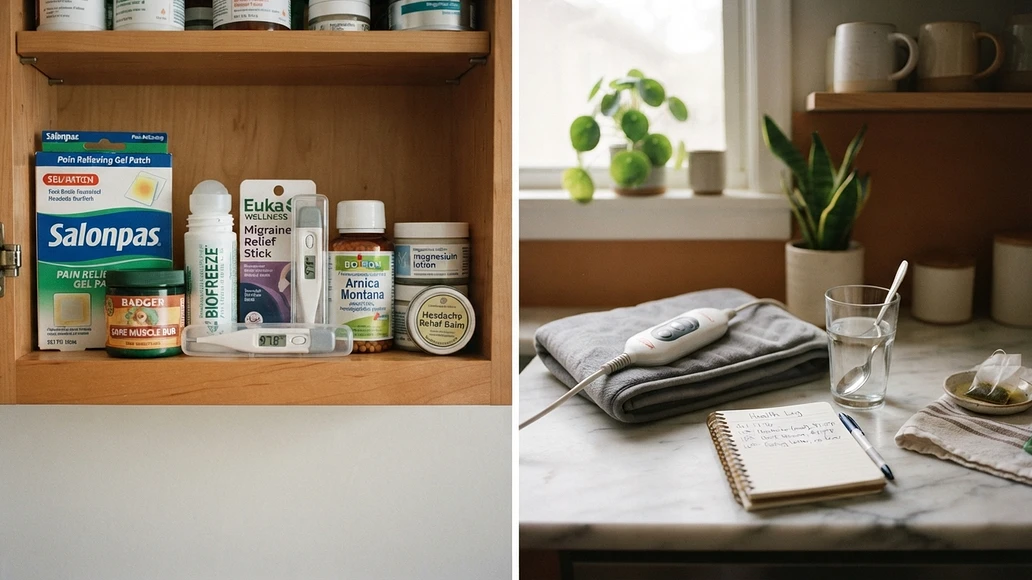 Safer home care setup for short term pain relief with hydration, heat, and symptom tracking