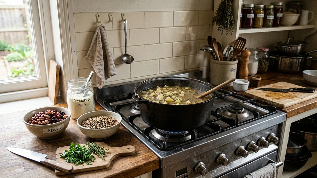 Potato soup with practical protein add-ins on a kitchen counter