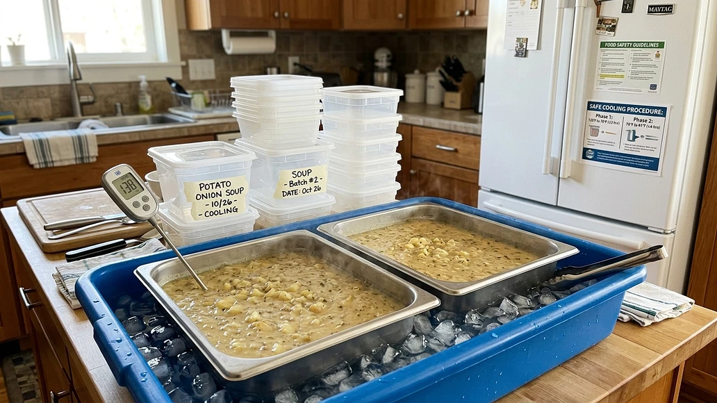Potato soup being cooled safely in shallow containers before refrigeration