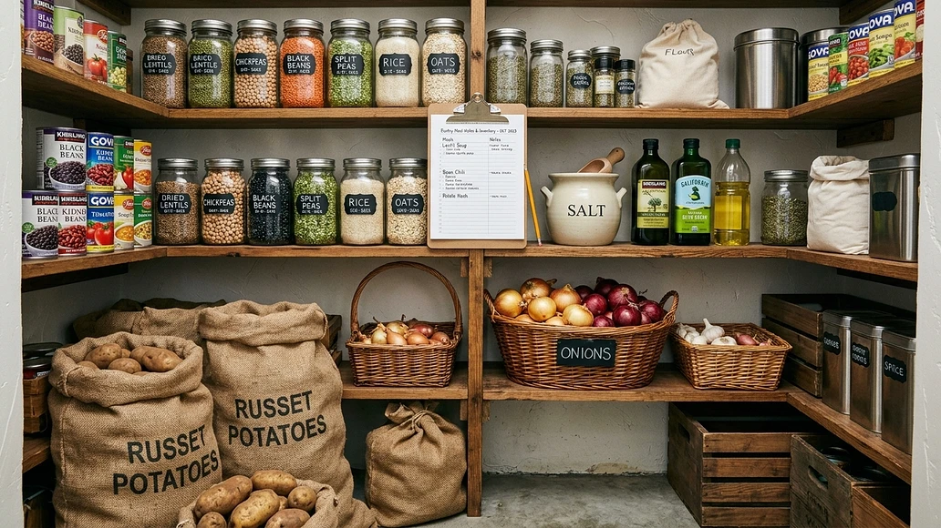 Preparedness pantry with potatoes, onions, and soup staples stored separately